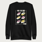 Black sweatshirt with Japanese text and graphic of cats disguised as sushi.