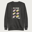 Dark grey sweatshirt with Japanese text and graphic of cats disguised as sushi.