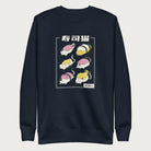 Navy blue sweatshirt with Japanese text and graphic of cats disguised as sushi.