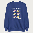 Royal blue sweatshirt with Japanese text and graphic of cats disguised as sushi.