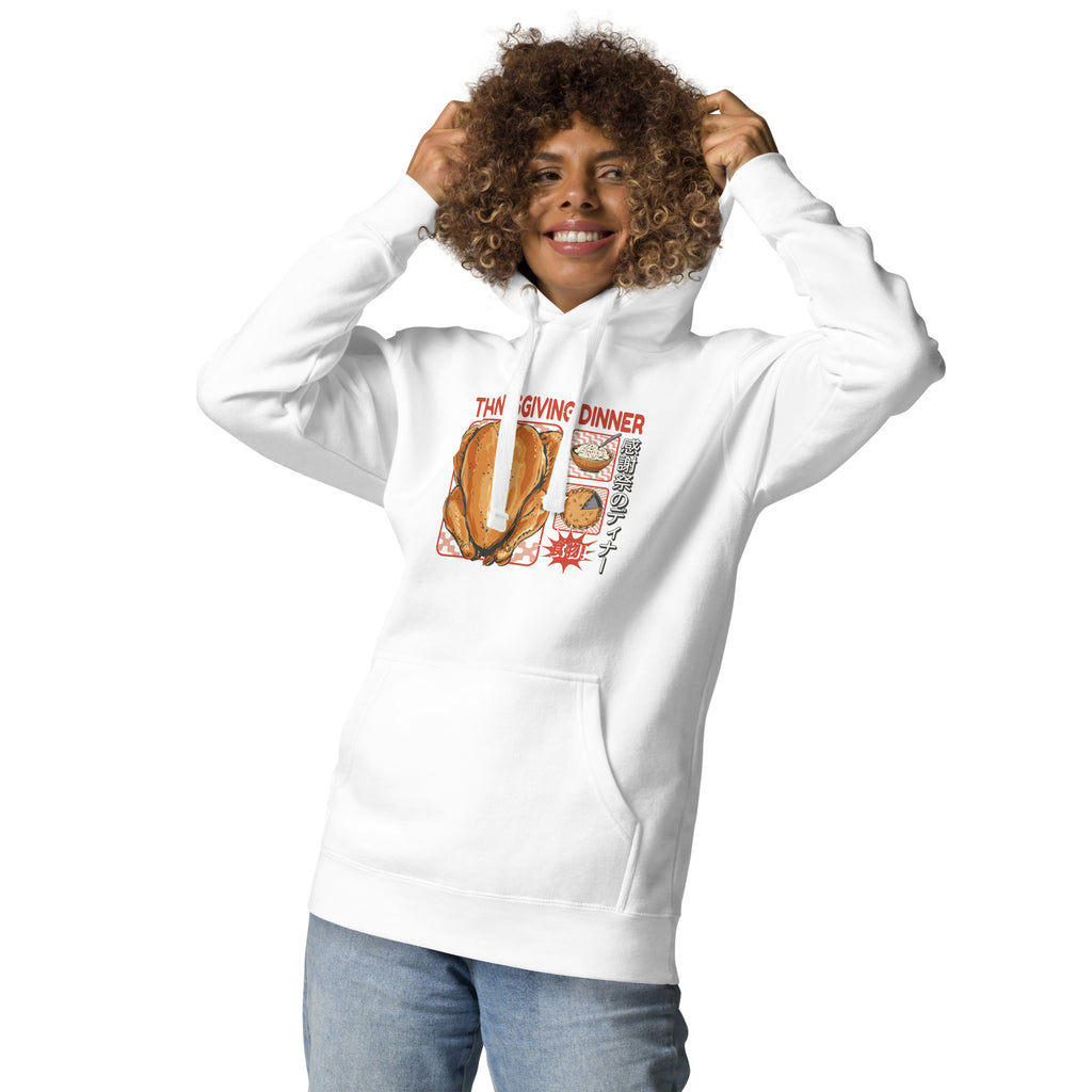 Woman wearing a Japanese Thanksgiving hoodie in White colorway featuring a graphic print of roast chicken, Japanese potato salad, and an apple pie.