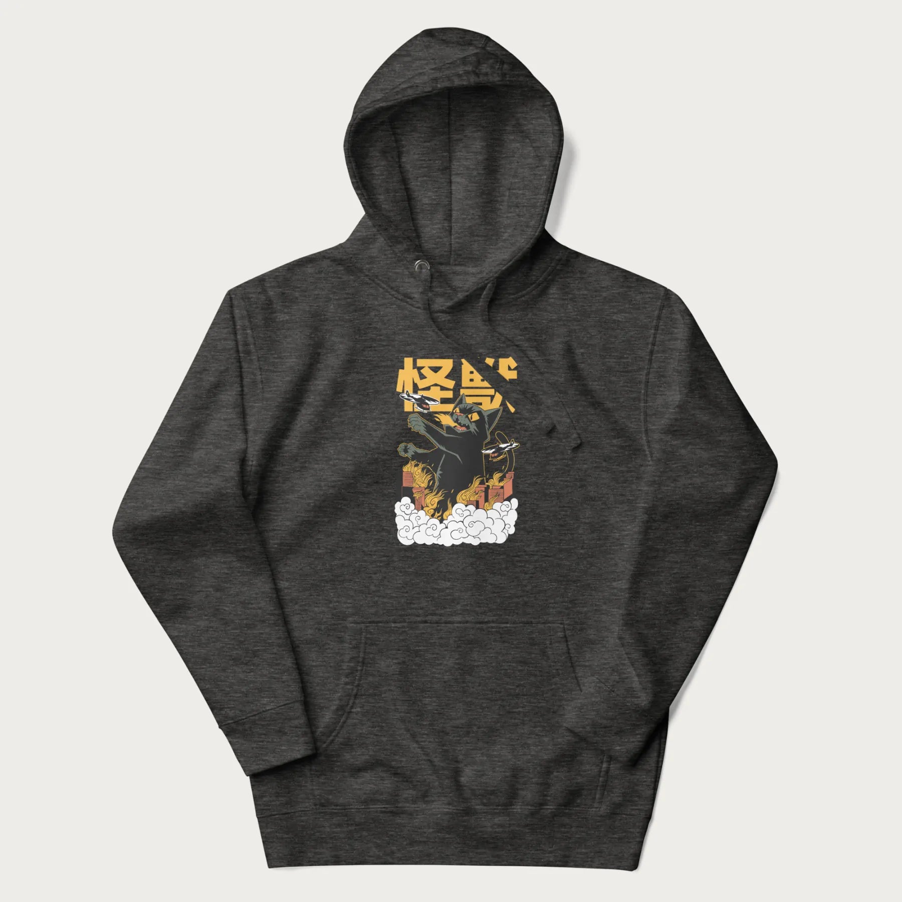 Dark grey hoodie with graphic of a 'Kaiju Cat' with helicopters and flames in a burning city.