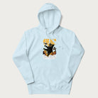 Light blue hoodie with graphic of a 'Kaiju Cat' with helicopters and flames in a burning city.