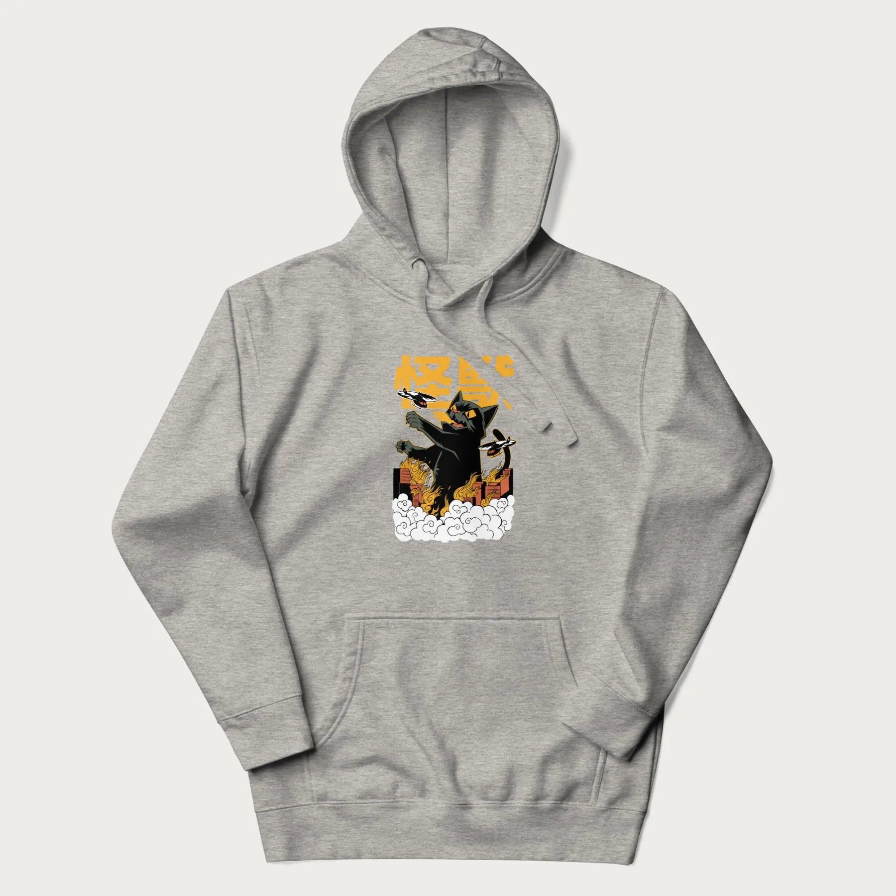 Light grey hoodie with graphic of a 'Kaiju Cat' with helicopters and flames in a burning city.