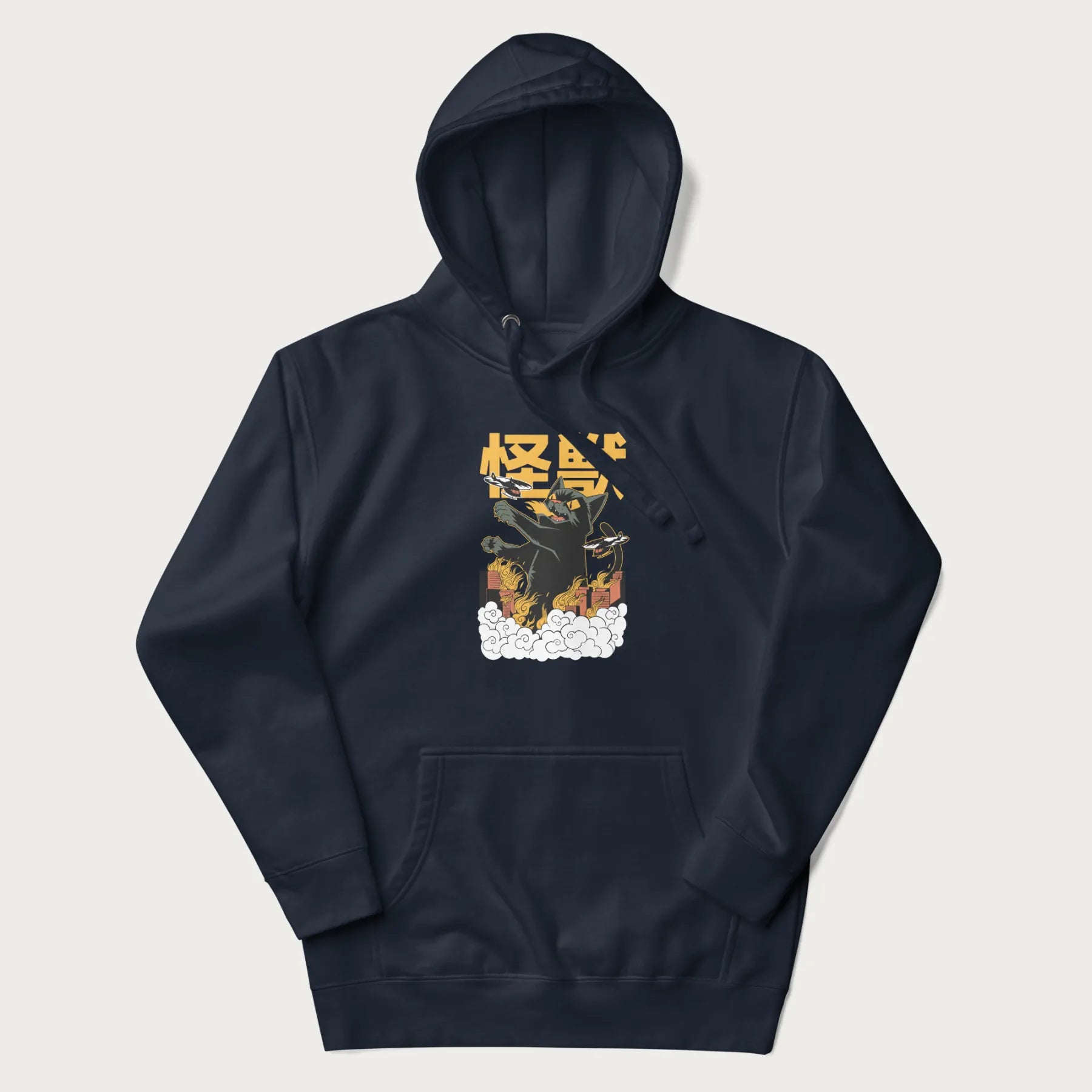Navy blue hoodie with graphic of a 'Kaiju Cat' with helicopters and flames in a burning city.
