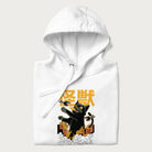 Folded white hoodie with graphic of a 'Kaiju Cat' with helicopters and flames in a burning city.