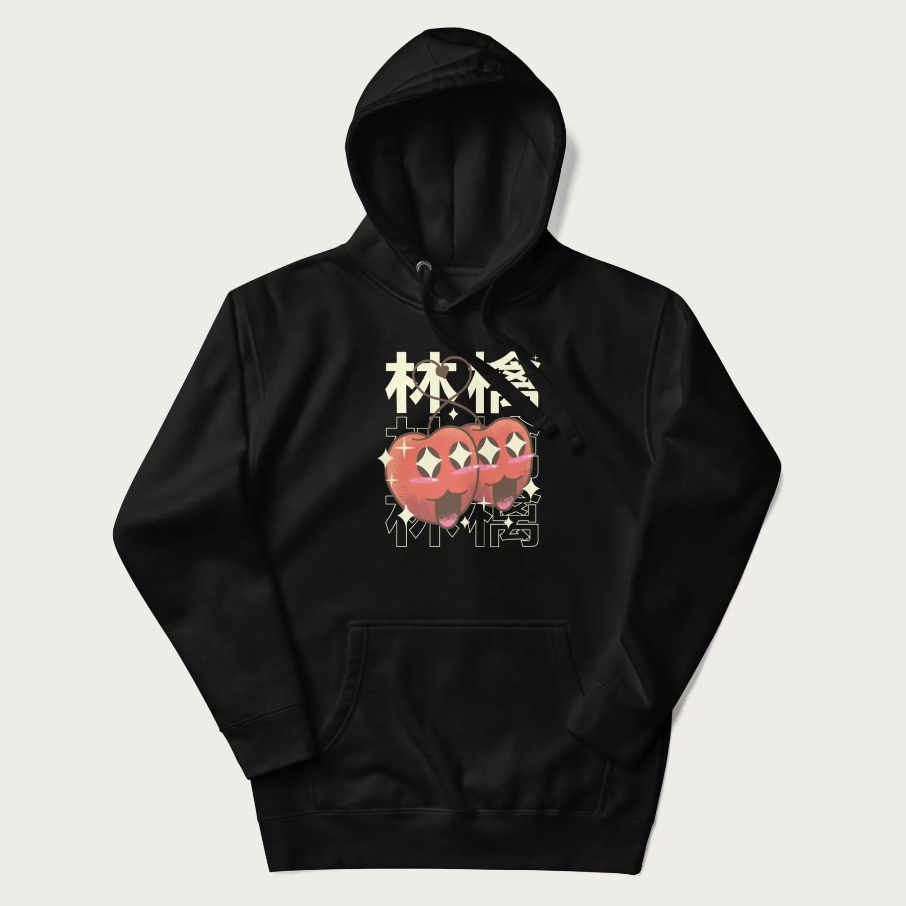 Black hoodie with Japanese graphic of two cute apples with kawaii faces, surrounded by the Japanese text '林檎' (Apple)