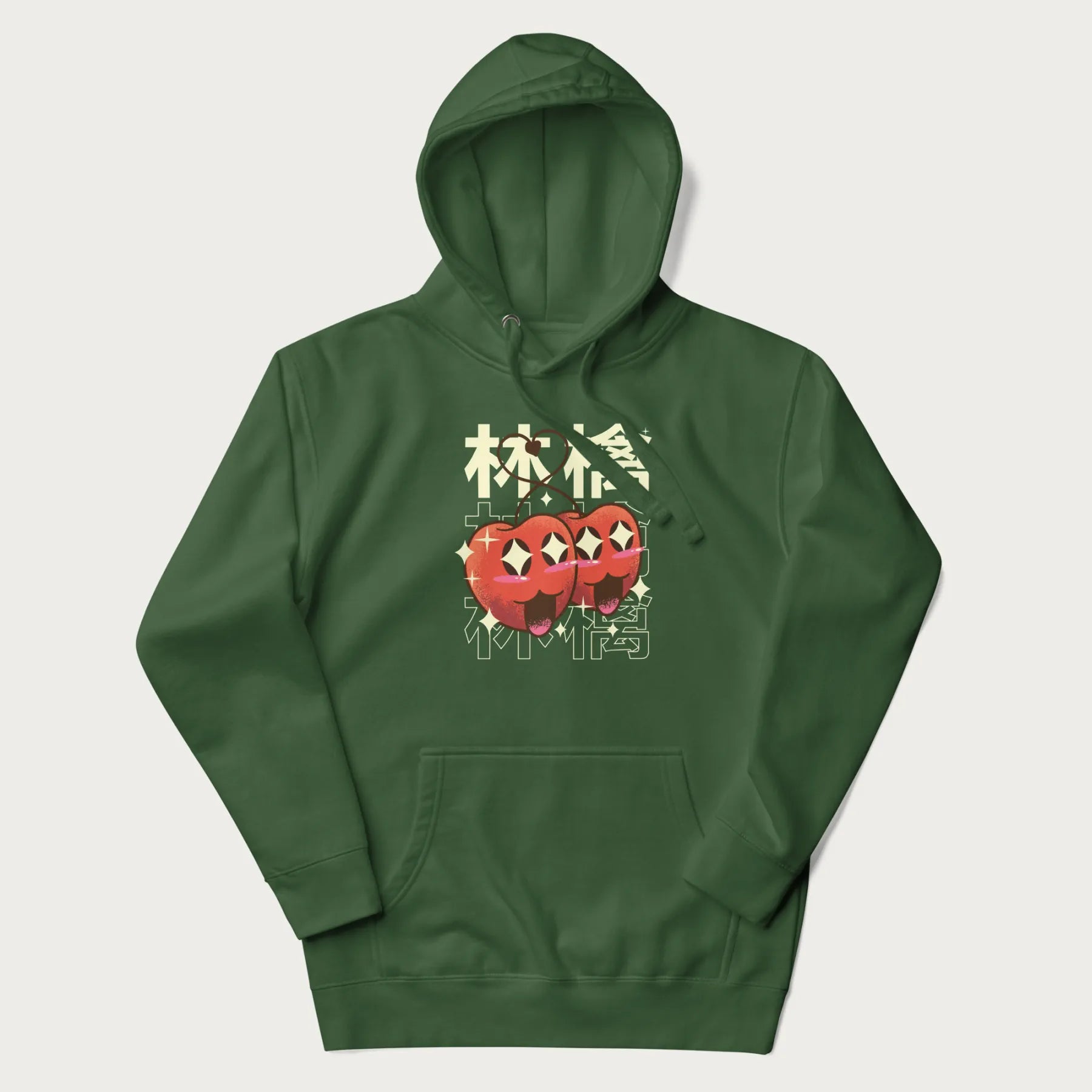 Forest green hoodie with Japanese graphic of two cute apples with kawaii faces, surrounded by the Japanese text '林檎' (Apple)