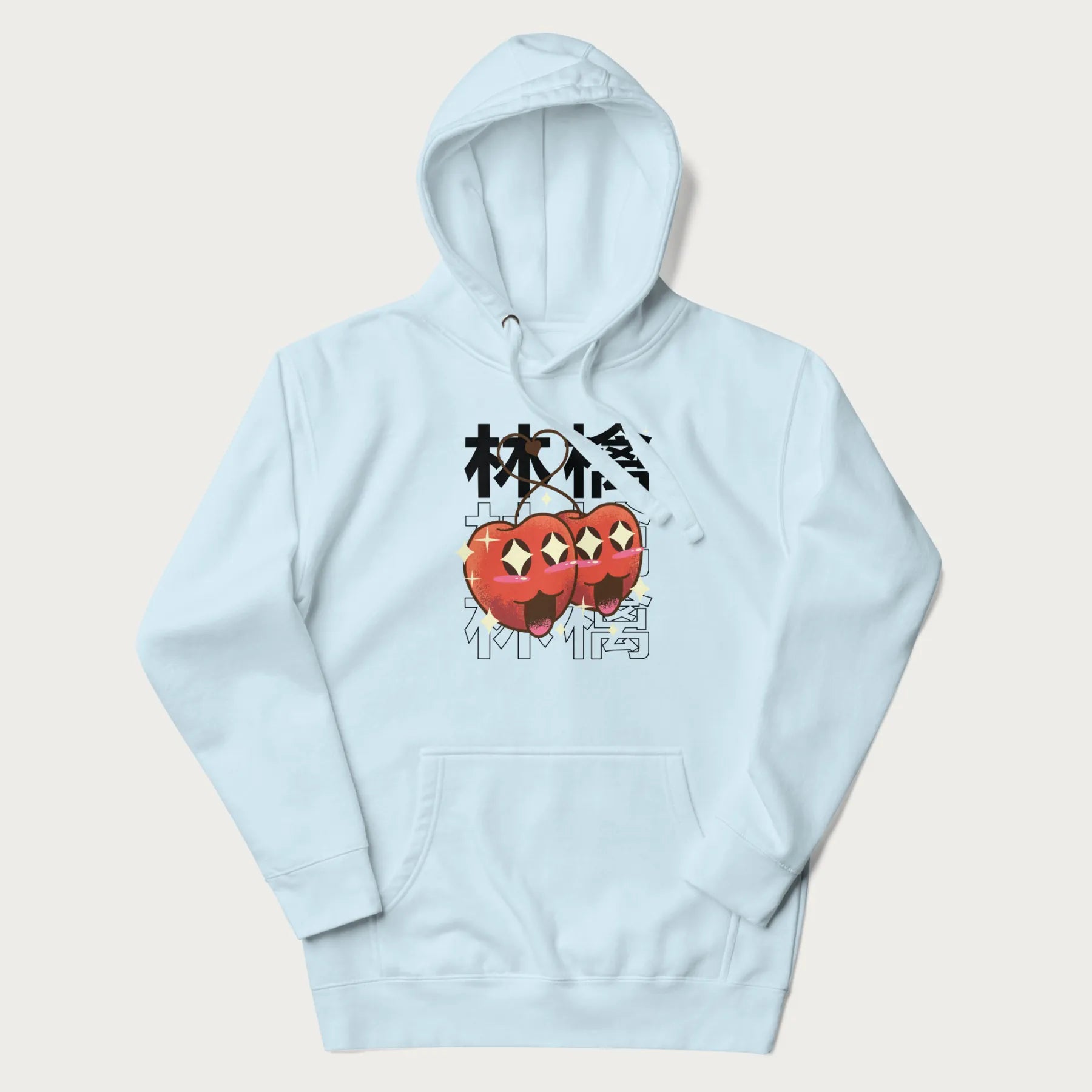 Light blue hoodie with Japanese graphic of two cute apples with kawaii faces, surrounded by the Japanese text '林檎' (Apple)