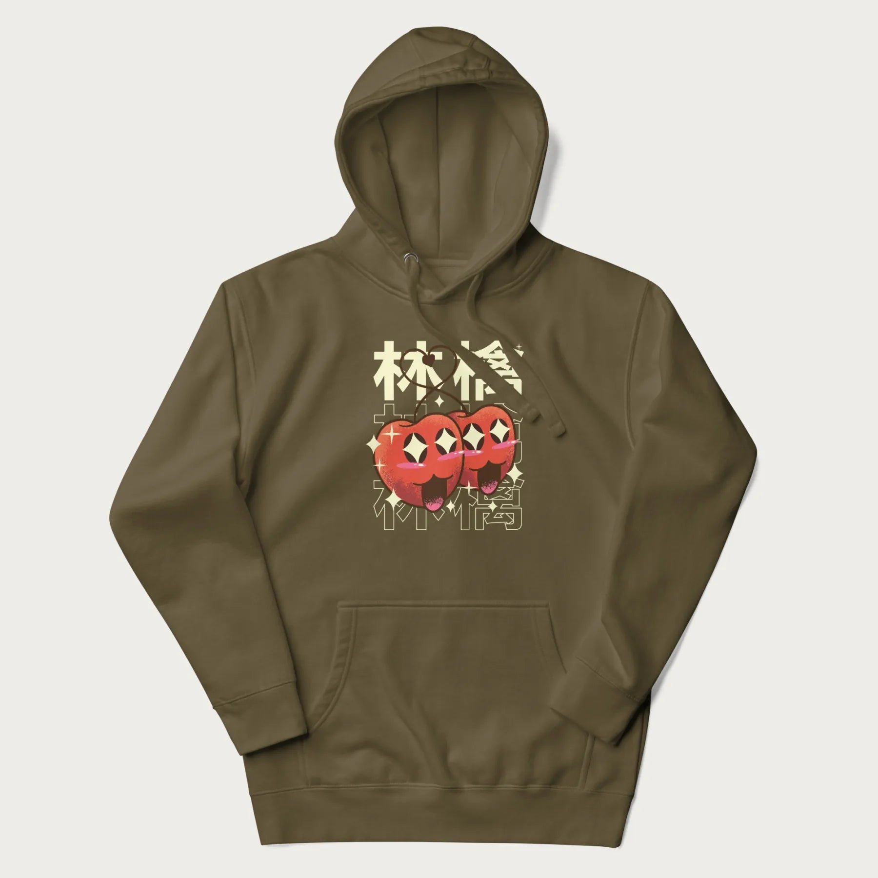 Military green hoodie with Japanese graphic of two cute apples with kawaii faces, surrounded by the Japanese text '林檎' (Apple)