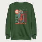 Forest green sweatshirt with a vintage graphic of an axolotl in a glass bottle with bold Japanese text.