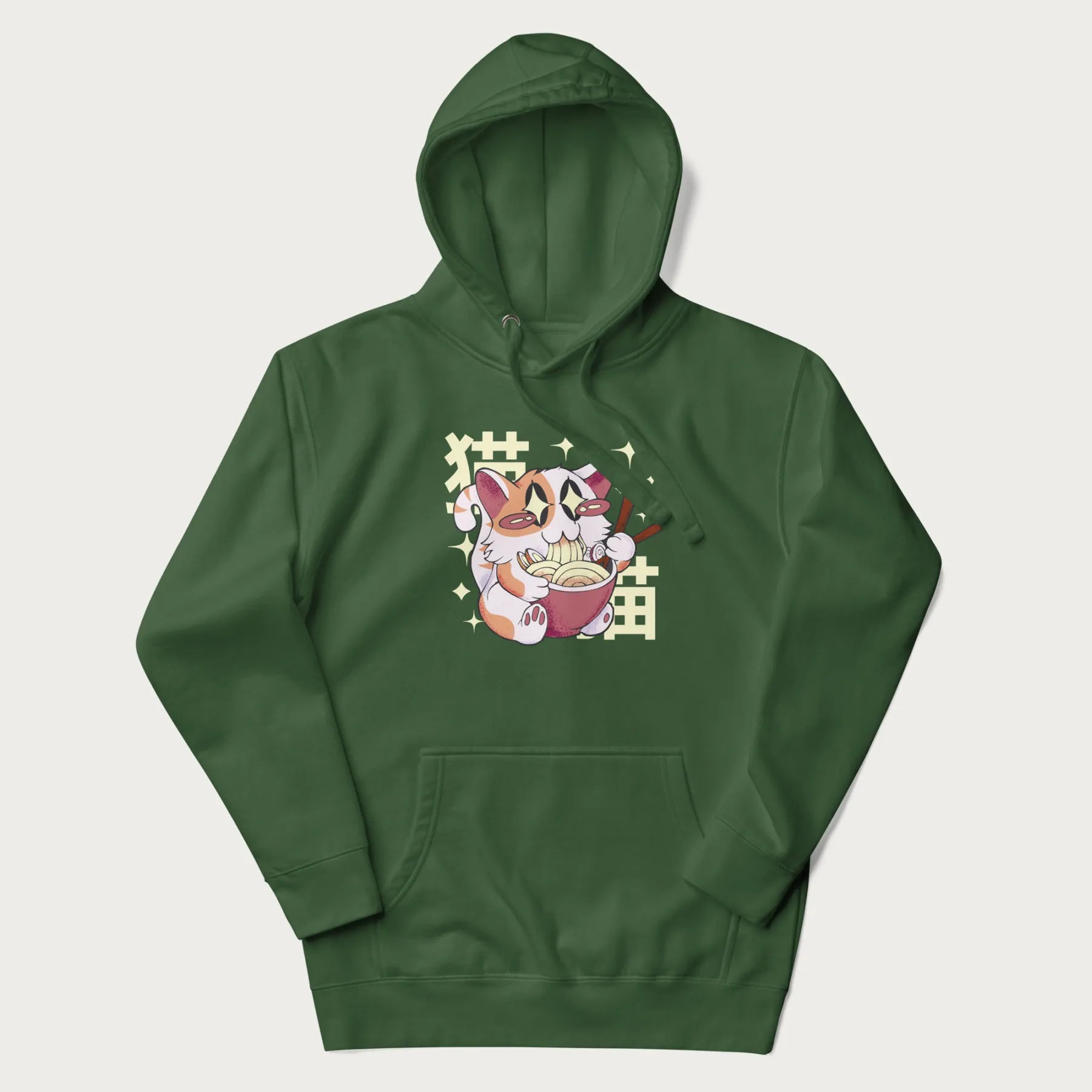 Forest green hoodie with Japanese graphic of a cat eating ramen with Japanese text '猫' in the background.