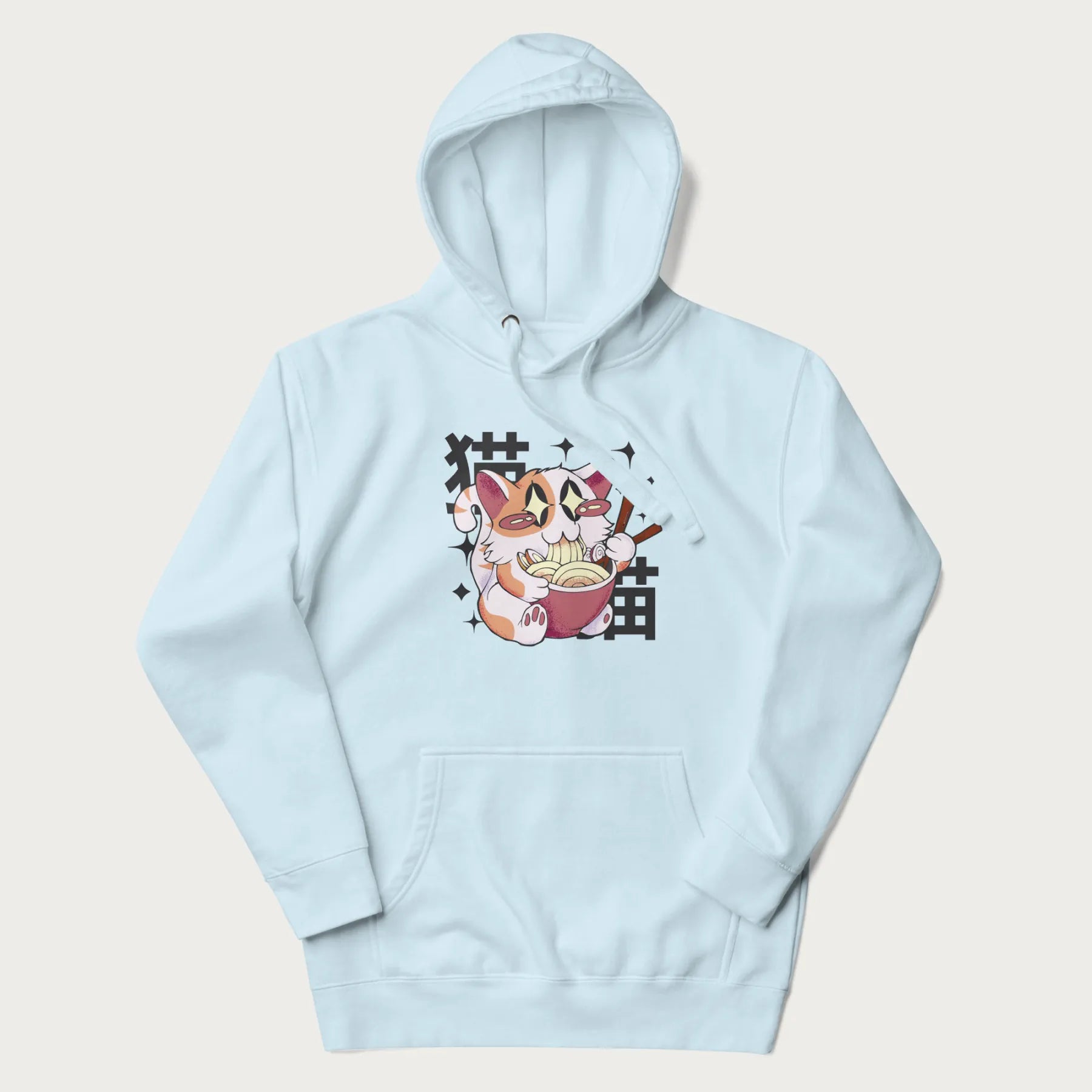 Light blue hoodie with Japanese graphic of a cat eating ramen with Japanese text '猫' in the background.