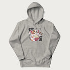 Light grey hoodie with Japanese graphic of a cat eating ramen with Japanese text '猫' in the background.