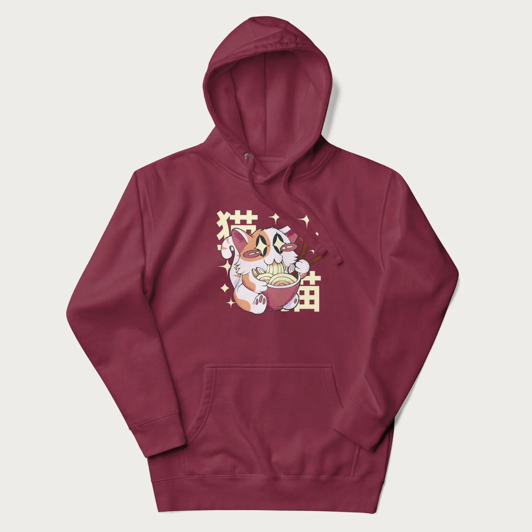 Maroon hoodie with Japanese graphic of a cat eating ramen with Japanese text '猫' in the background.