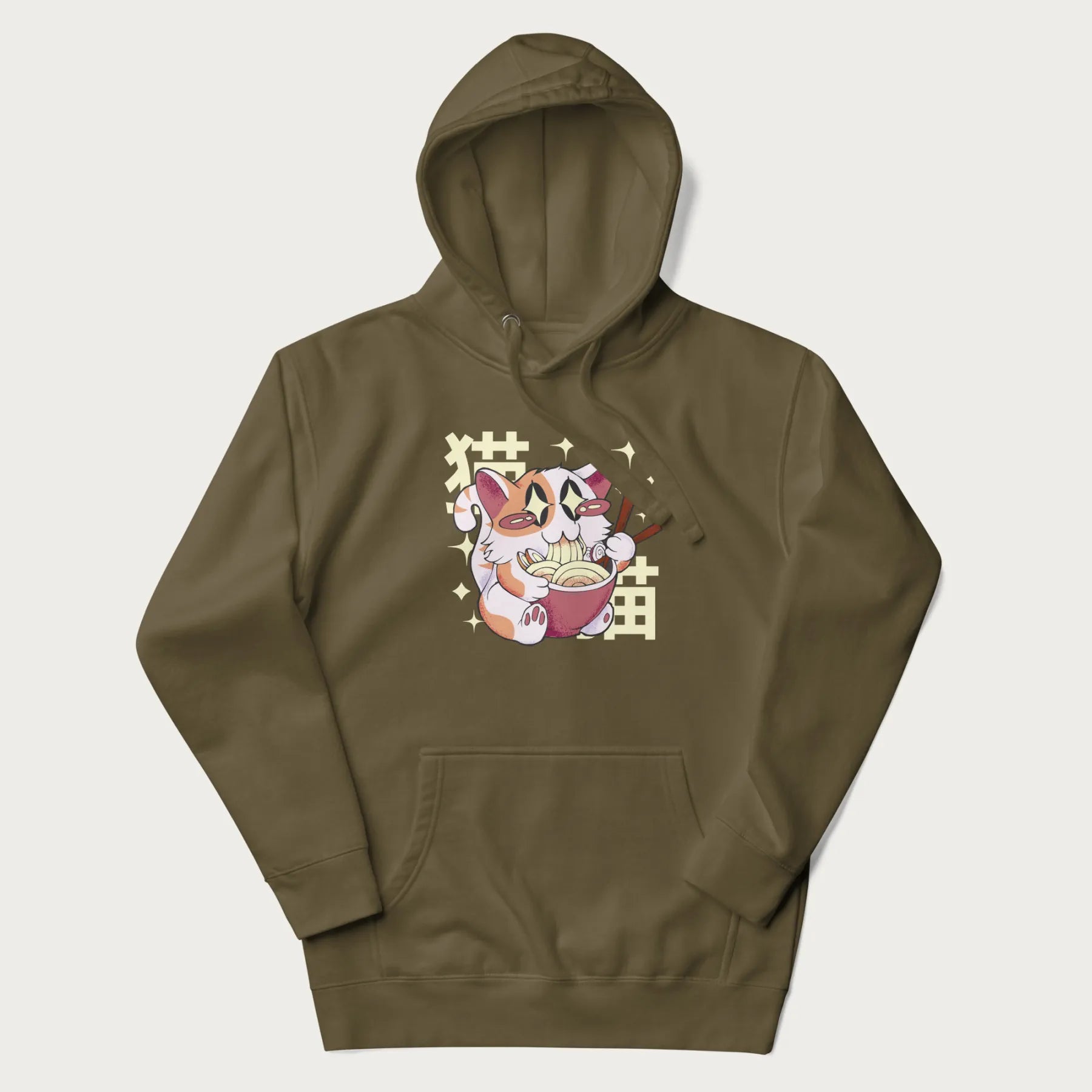Military green hoodie with Japanese graphic of a cat eating ramen with Japanese text '猫' in the background.