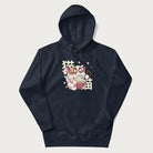 Navy blue hoodie with Japanese graphic of a cat eating ramen with Japanese text '猫' in the background.