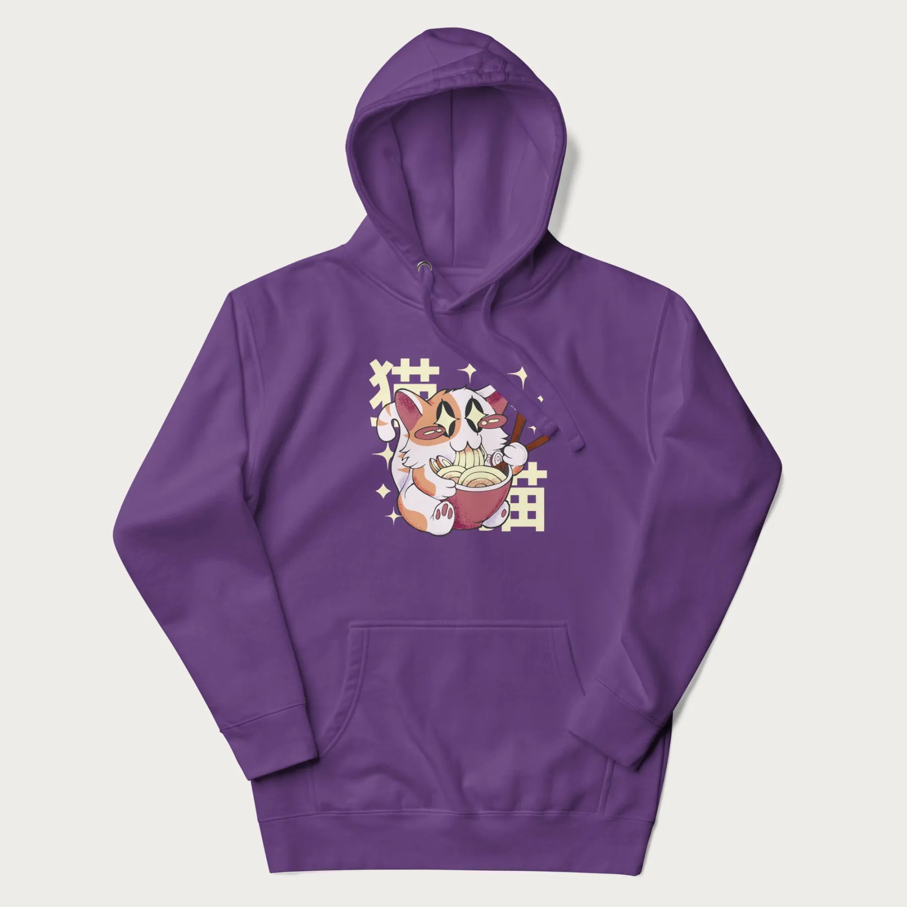 Purple hoodie with Japanese graphic of a cat eating ramen with Japanese text '猫' in the background.