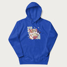 Royal blue hoodie with Japanese graphic of a cat eating ramen with Japanese text '猫' in the background.