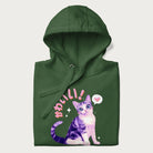 Folded forest green hoodie with a graphic of a blue-eyed kitten and Japanese kawaii-style lettering, stars, and a heart.