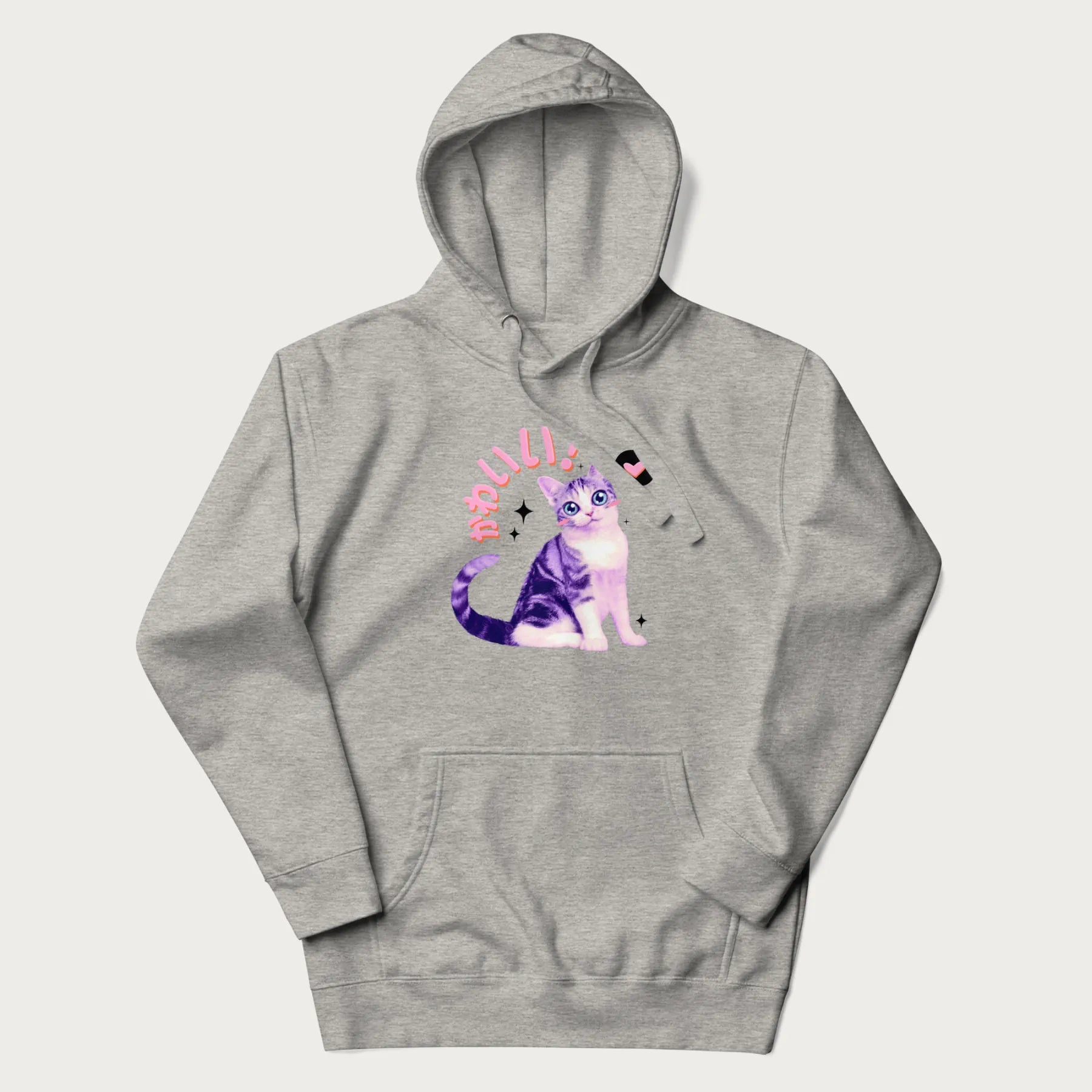 Light grey hoodie with a graphic of a blue-eyed kitten and Japanese kawaii-style lettering, stars, and a heart.
