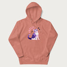 Light pink hoodie with a graphic of a blue-eyed kitten and Japanese kawaii-style lettering, stars, and a heart.