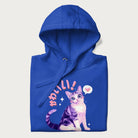 Folded royal blue hoodie with a graphic of a blue-eyed kitten and Japanese kawaii-style lettering, stars, and a heart.