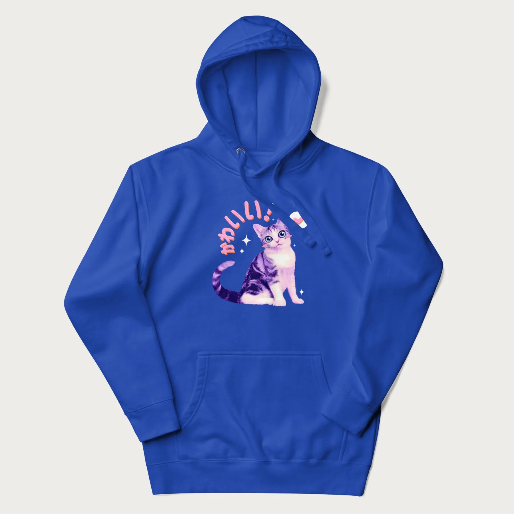 Royal blue hoodie with a graphic of a blue-eyed kitten and Japanese kawaii-style lettering, stars, and a heart.