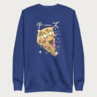 Royal blue sweatshirt with Japanese text and a kawaii cheese wedge graphic.