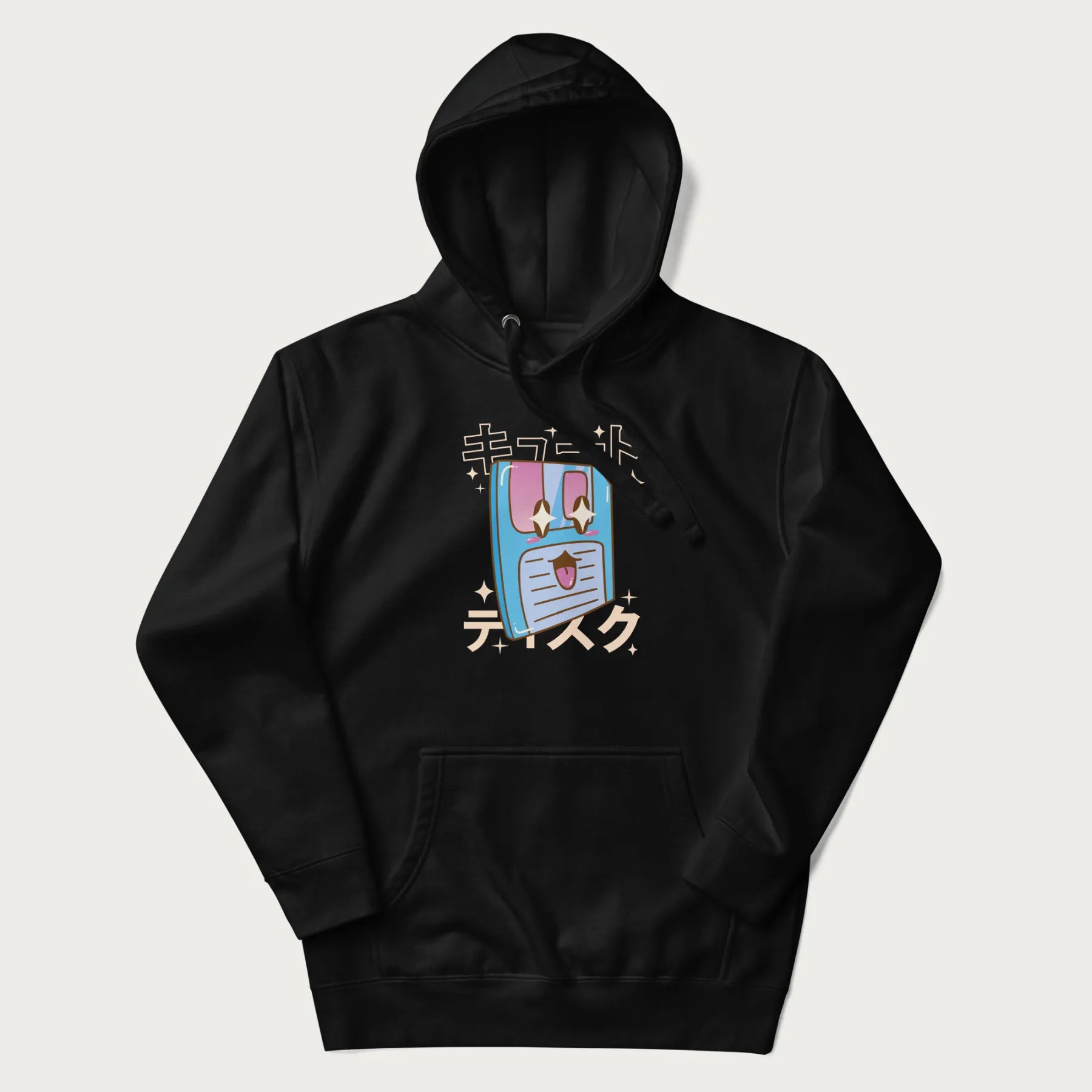 Black hoodie with Japanese graphic of a cute sky-blue floppy disk with Japanese text 'キュート' (Cute) and 'ティスク' (Disk).