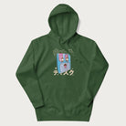 Forest green hoodie with Japanese graphic of a cute sky-blue floppy disk with Japanese text 'キュート' (Cute) and 'ティスク' (Disk).