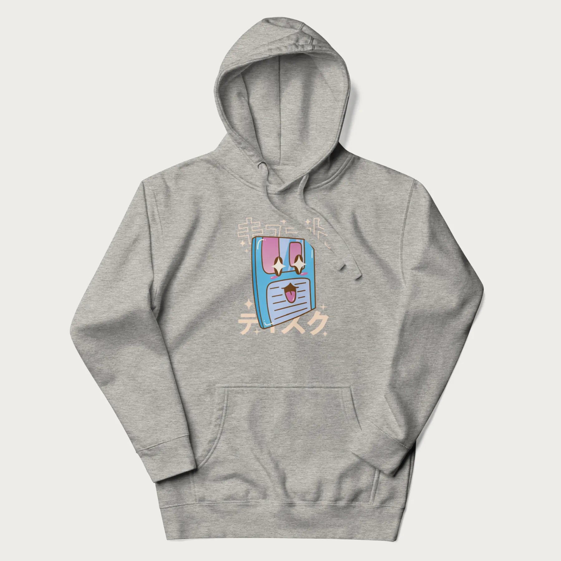 Light grey hoodie with Japanese graphic of a cute sky-blue floppy disk with Japanese text 'キュート' (Cute) and 'ティスク' (Disk).