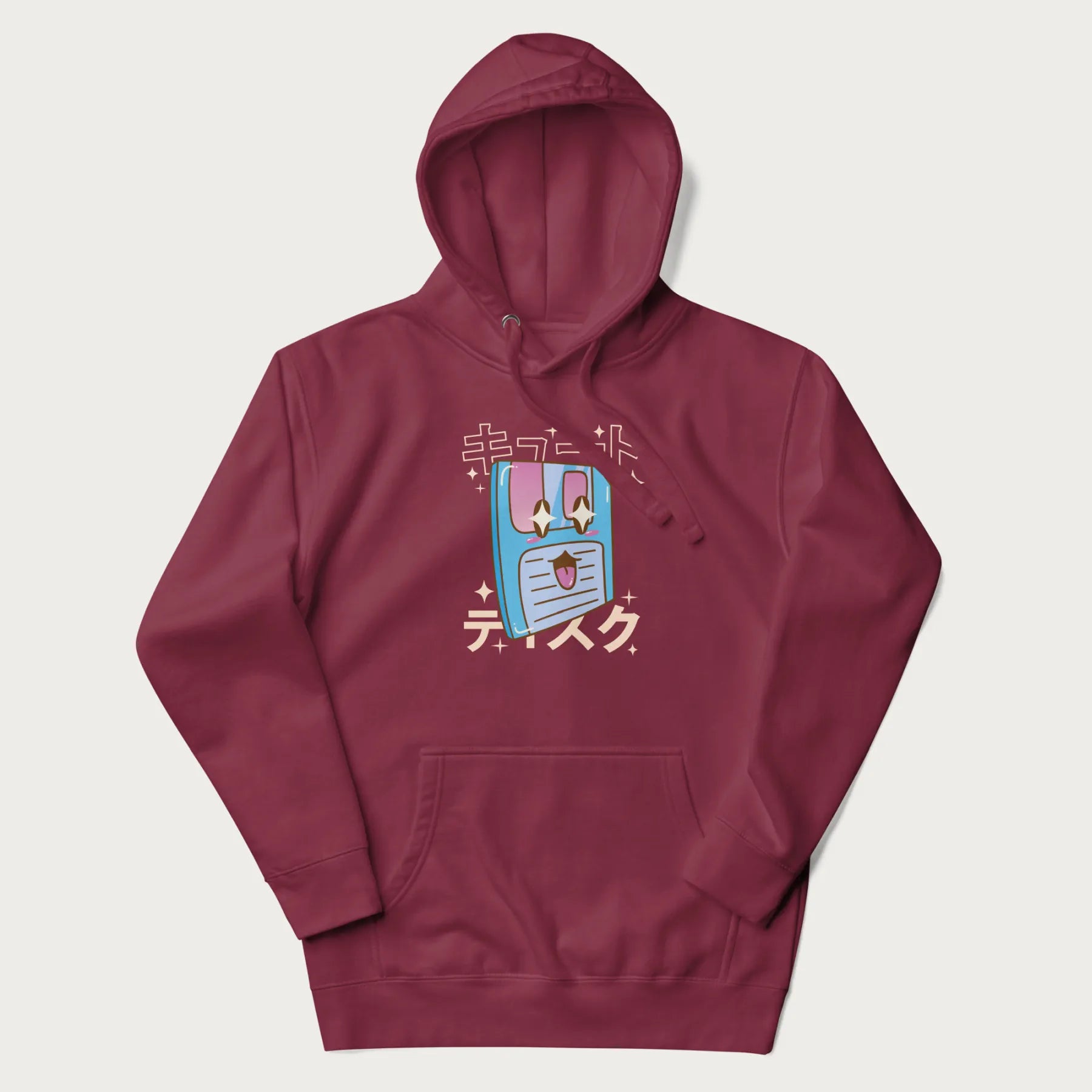 Maroon hoodie with Japanese graphic of a cute sky-blue floppy disk with Japanese text 'キュート' (Cute) and 'ティスク' (Disk).