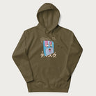 Military green hoodie with Japanese graphic of a cute sky-blue floppy disk with Japanese text 'キュート' (Cute) and 'ティスク' (Disk).