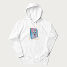 White hoodie with Japanese graphic of a cute sky-blue floppy disk with Japanese text 'キュート' (Cute) and 'ティスク' (Disk).