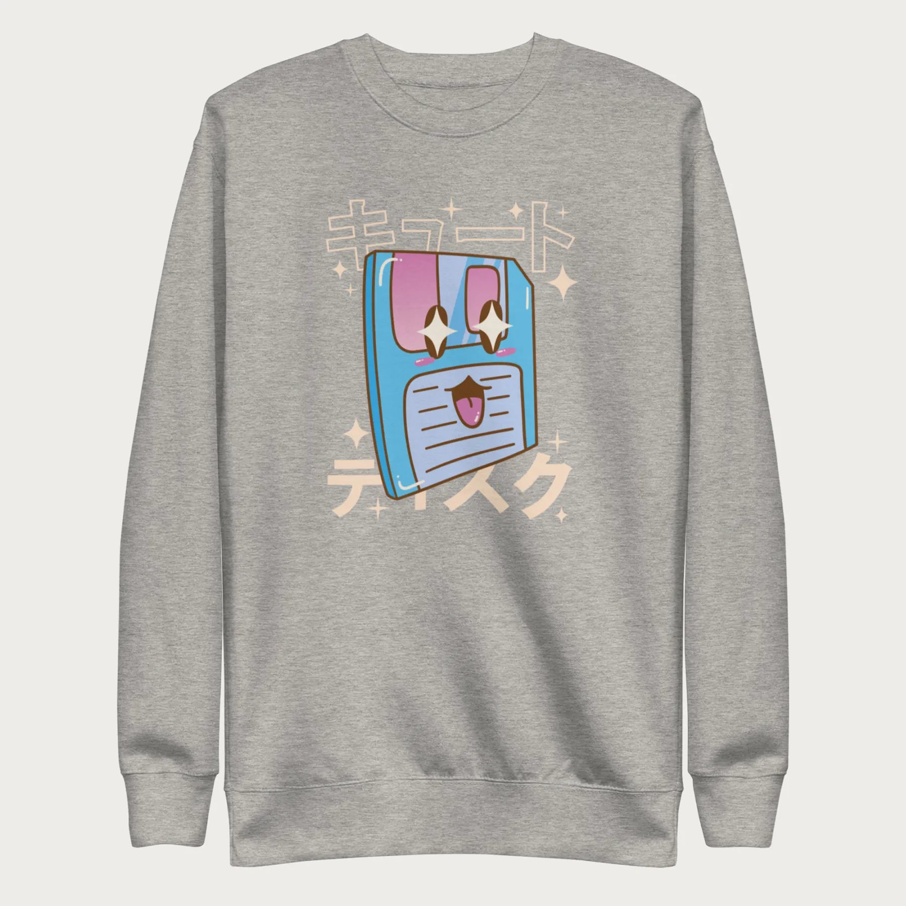 Light grey sweatshirt with a kawaii floppy disk graphic in vibrant colors and Japanese text.