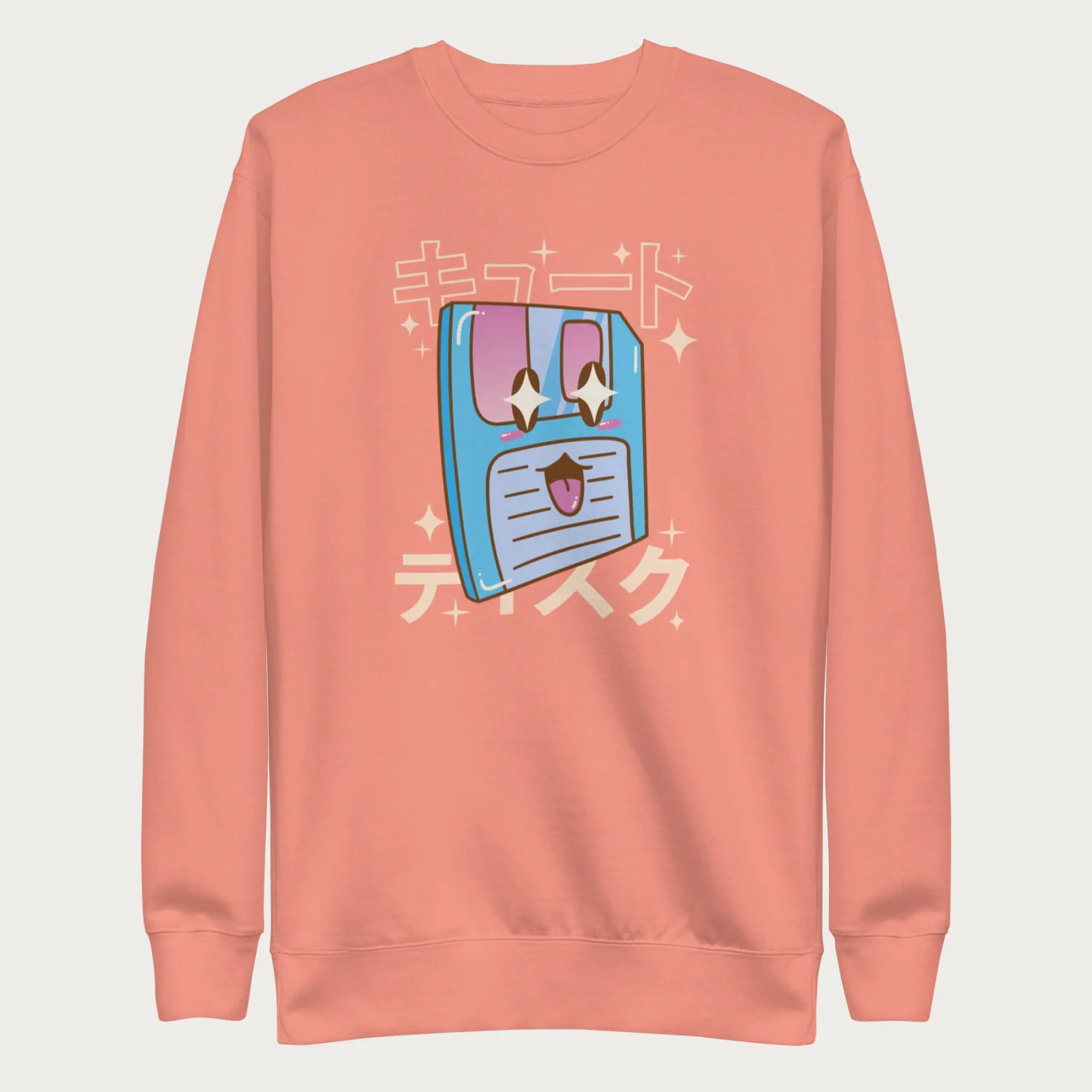 Light pink sweatshirt with a kawaii floppy disk graphic in vibrant colors and Japanese text.