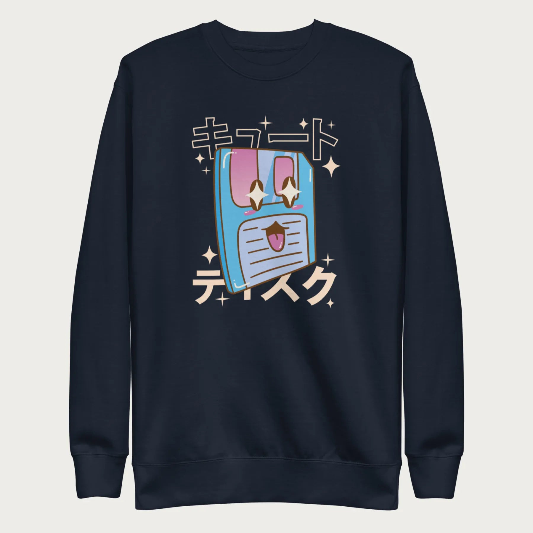 Navy blue sweatshirt with a kawaii floppy disk graphic in vibrant colors and Japanese text.