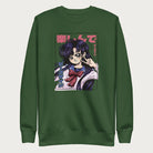 Forest green sweatshirt with a vibrant graphic of an anime girl flashing a peace sign with bold Japanese text.