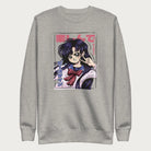 Light grey sweatshirt with a vibrant graphic of an anime girl flashing a peace sign with bold Japanese text.