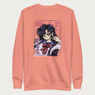 Light pink sweatshirt with a vibrant graphic of an anime girl flashing a peace sign with bold Japanese text.