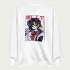 White sweatshirt with a vibrant graphic of an anime girl flashing a peace sign with bold Japanese text.