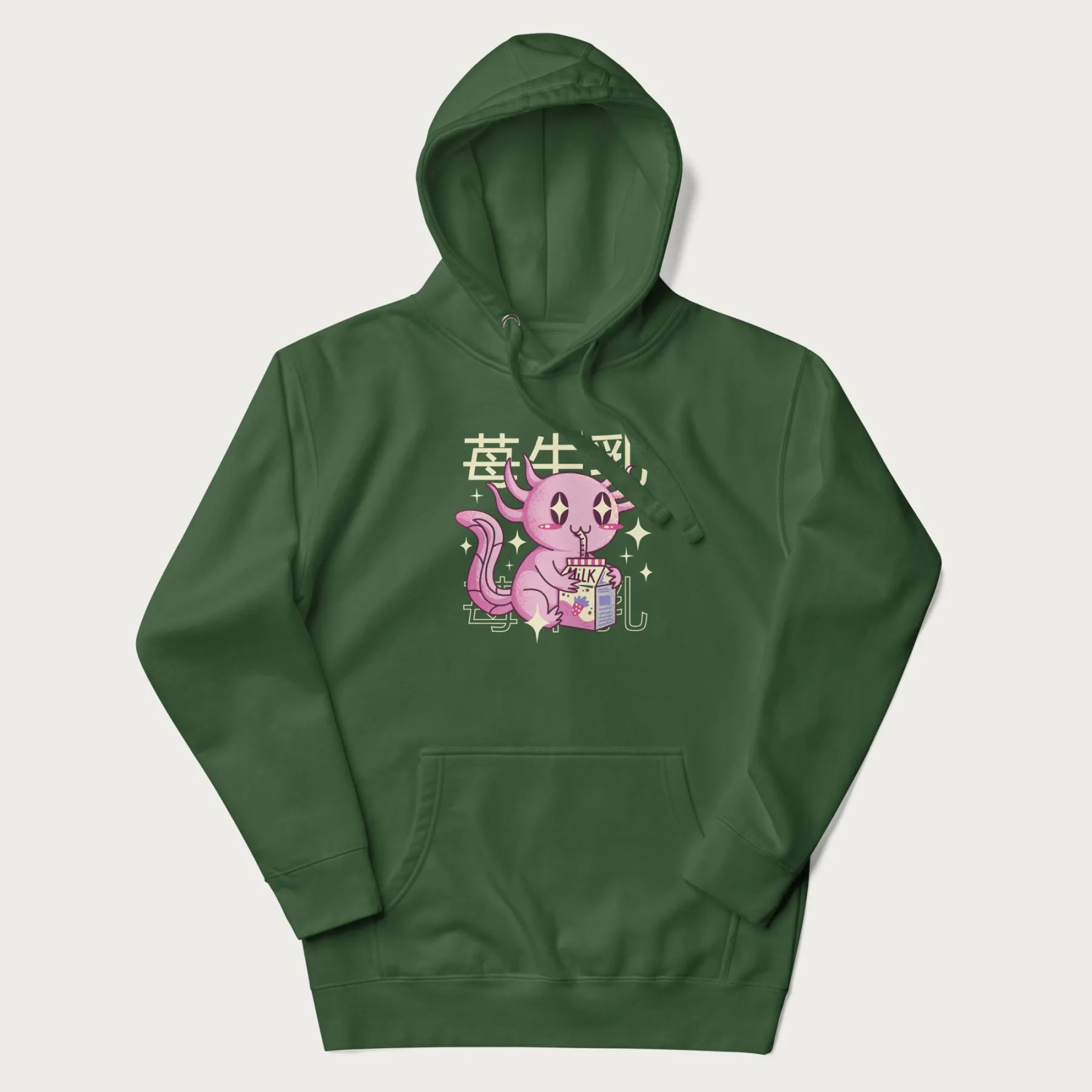 Forest green hoodie with Japanese graphic of a cute pink axolotl sipping strawberry milk from a carton, with Japanese text '苺牛乳' (Strawberry Milk).