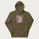 Military green hoodie with Japanese graphic of a cute pink axolotl sipping strawberry milk from a carton, with Japanese text '苺牛乳' (Strawberry Milk).