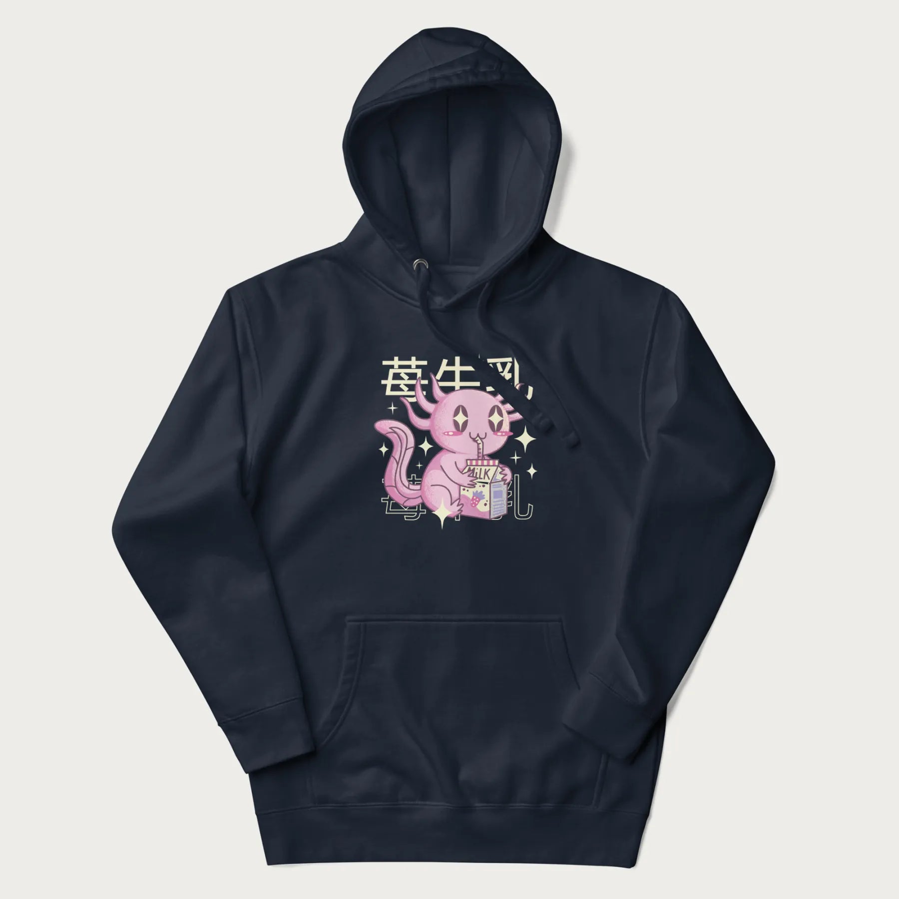 Navy blue hoodie with Japanese graphic of a cute pink axolotl sipping strawberry milk from a carton, with Japanese text '苺牛乳' (Strawberry Milk).