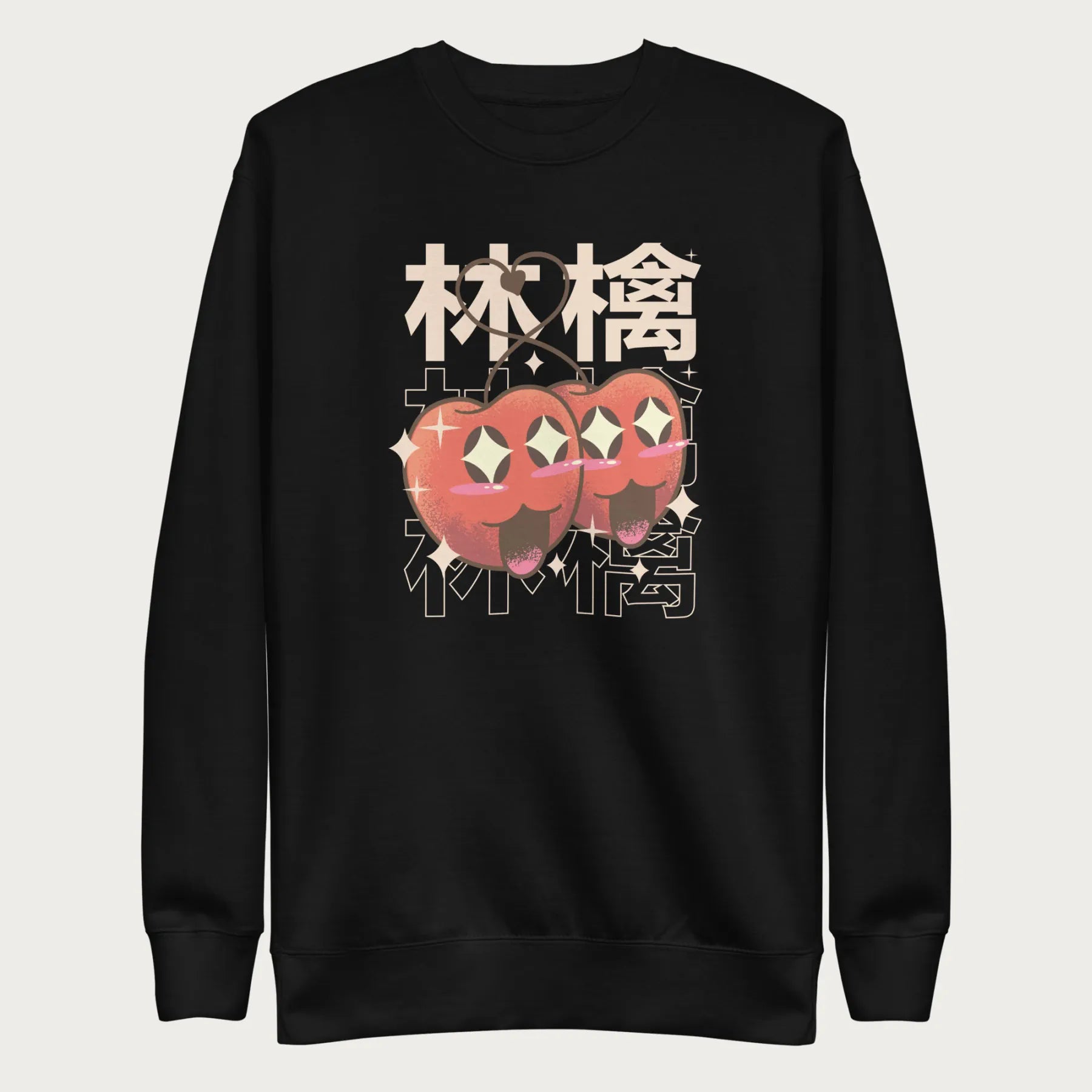 Black sweatshirt with Japanese text and a kawaii red apple graphic.