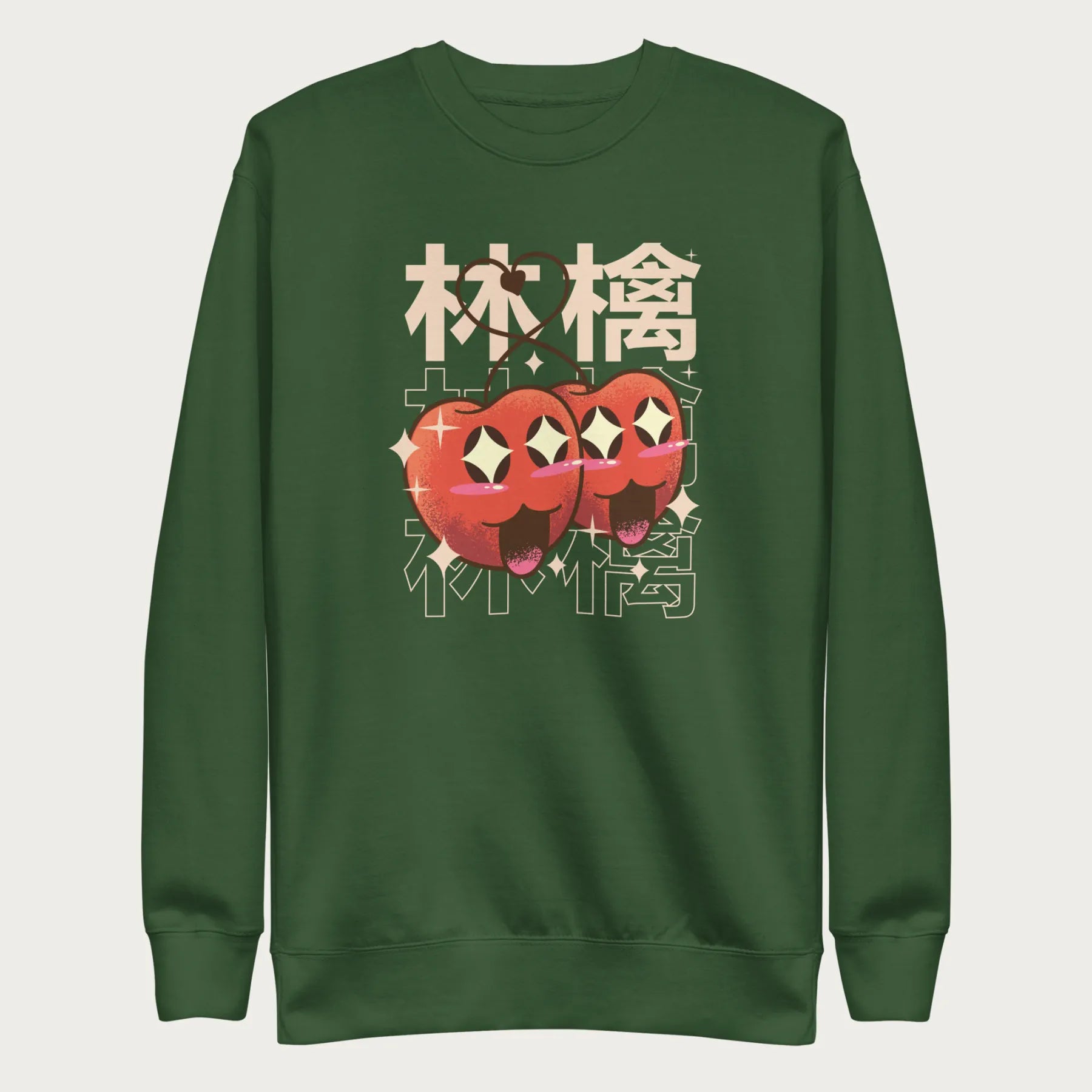 Forest green sweatshirt with Japanese text and a kawaii red apple graphic.