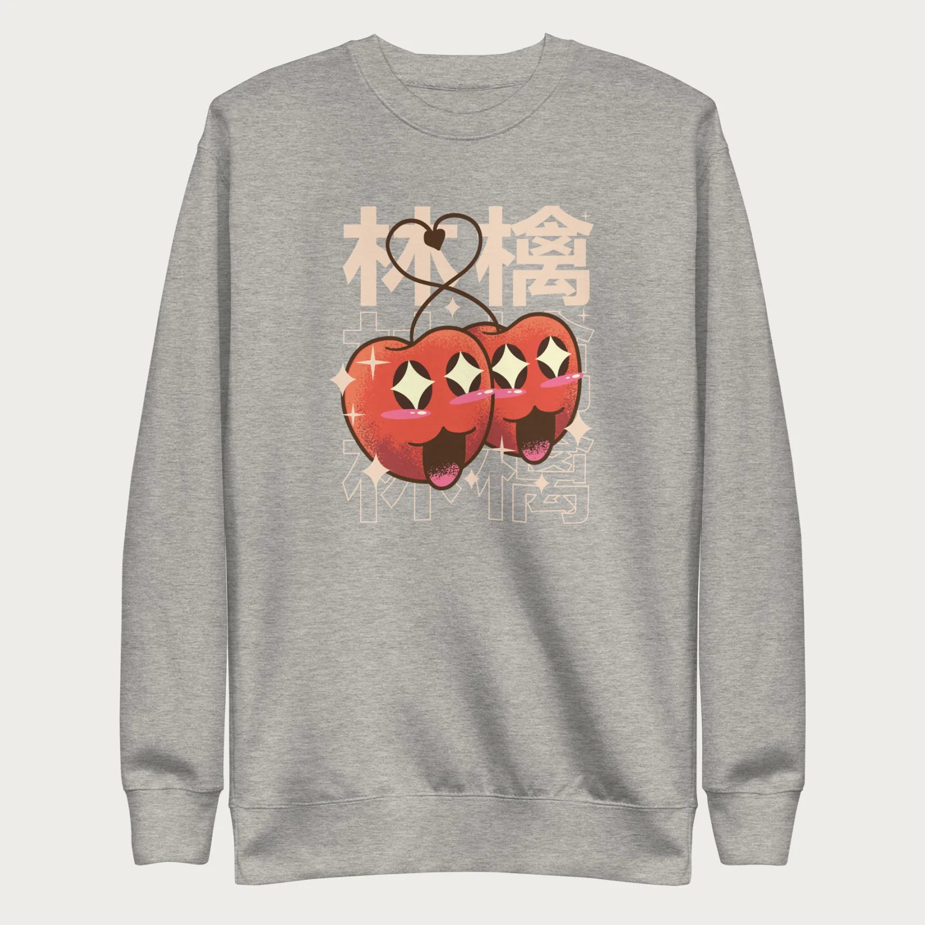 Light grey sweatshirt with Japanese text and a kawaii red apple graphic.