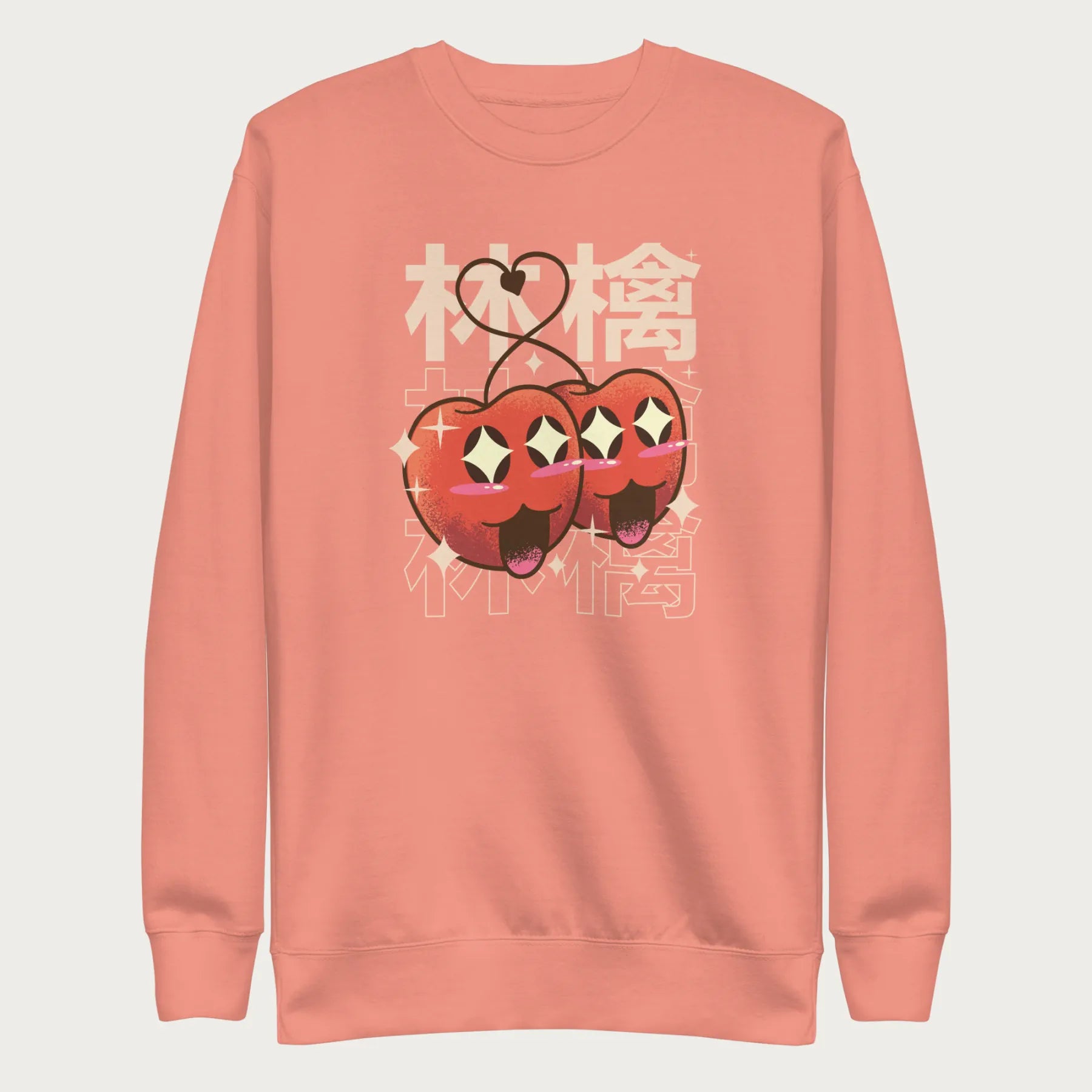 Light pink sweatshirt with Japanese text and a kawaii red apple graphic.