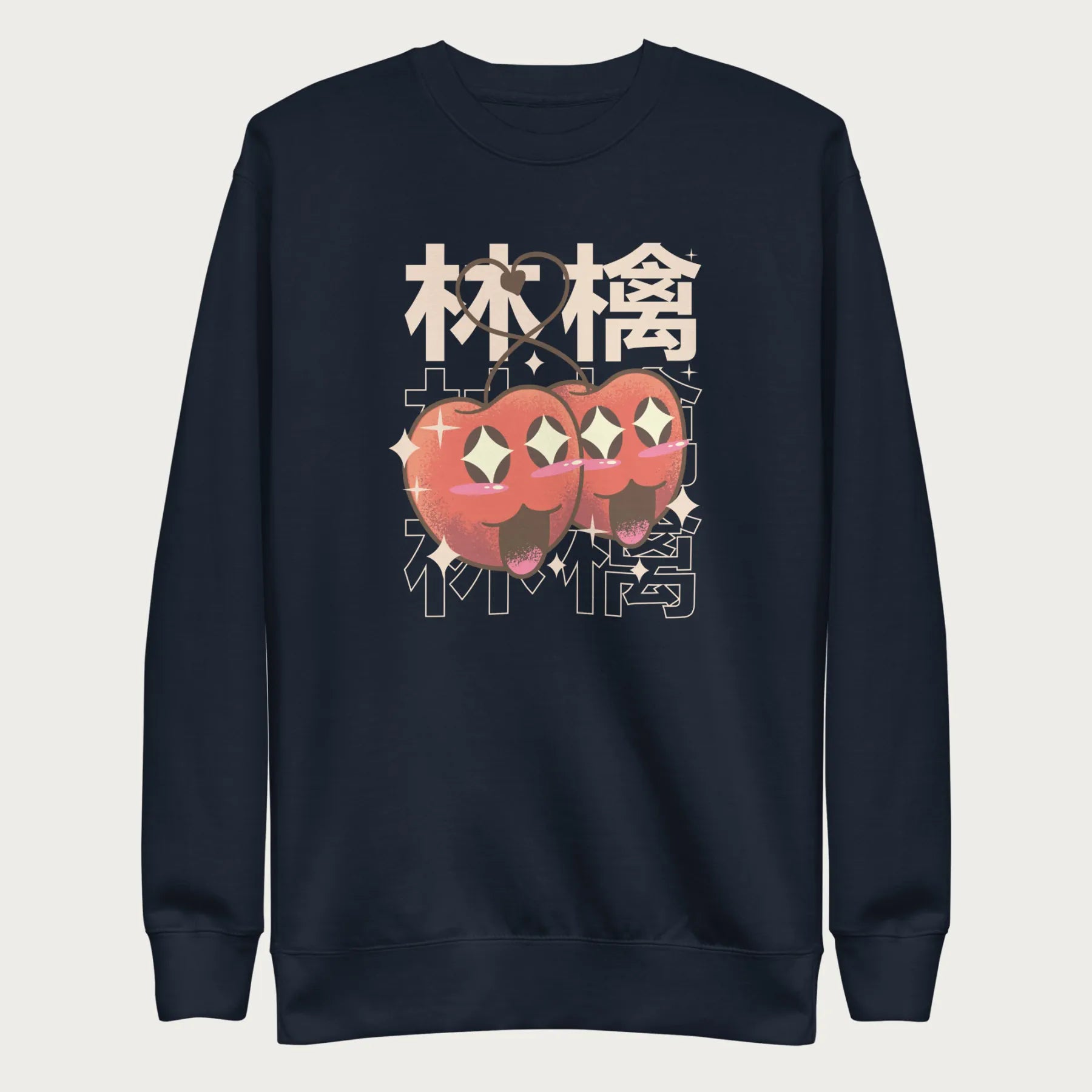 Navy blue sweatshirt with Japanese text and a kawaii red apple graphic.